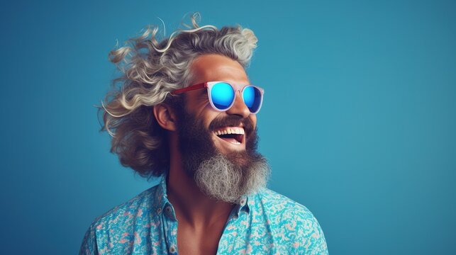 portrait of a man wearing sunglasses with summer shirt on blue background