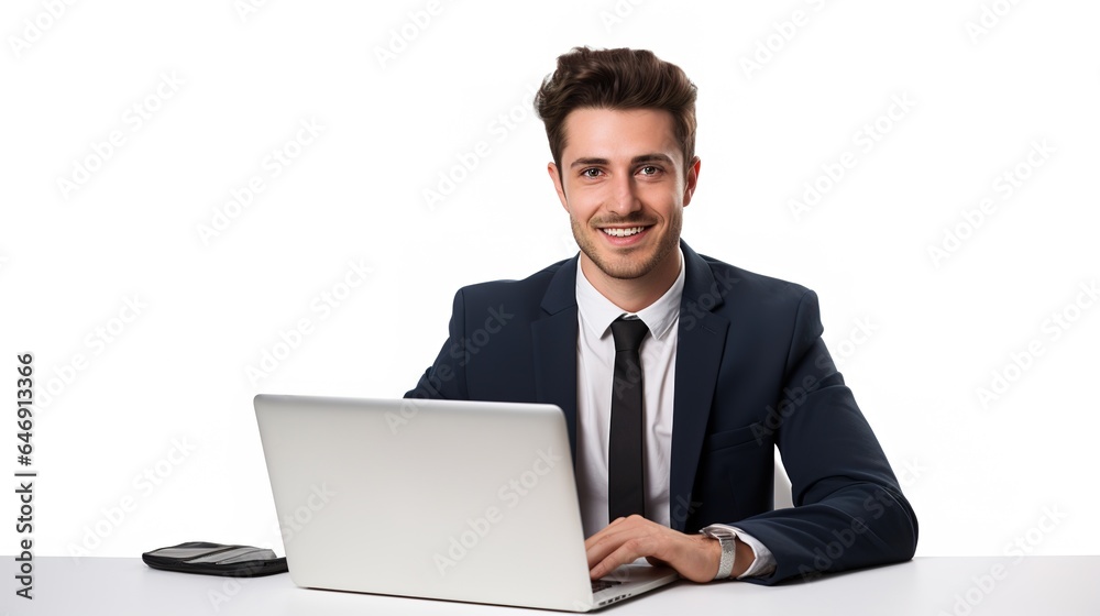 Canvas Prints Executive businessman sitting at desk with laptop. Working on computer is a happy active professional mid-aged businessman ceo manager.