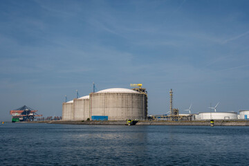 Liquified natural gas storage. LNG or LPG gas plant. Storage tanks for liquefied gas.