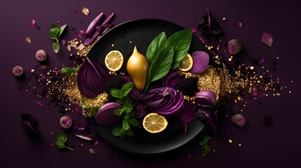 Various purple vegetables on a golden plate with golden confetti. Festive purple background.