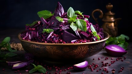 Obraz na płótnie Canvas Various purple vegetables in a bowl. Minimal background with copy space.