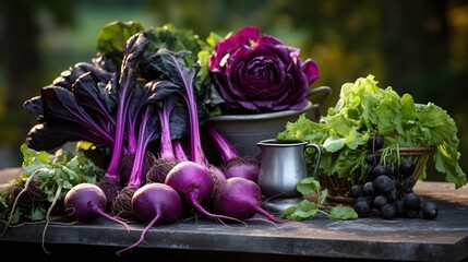 Various purple vegetables on a table, purple background.