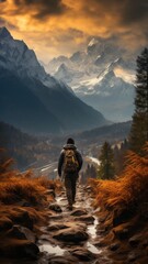 Fototapeta premium Traveler man enjoying the landscape, mountains, valley, small rivers and lakes