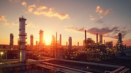 oil storage tank with oil refinery factory industrial. Oil refinery plant at beautiful sky sunset and twilight. industry factory concept. generative ai
