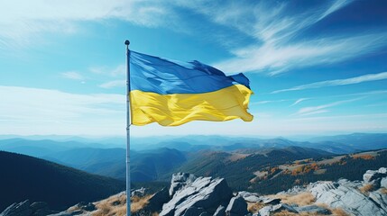 Ukraine flag on the peak of the Carpathian Mountains, symbolizing victory and determination