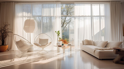Białe wnętrze salonu pokoju z sofą firanami i kwiatami  roślinami domowymi - obrazy, fototapety, plakaty