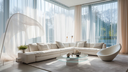 Białe wnętrze salonu pokoju z sofą firanami i kwiatami  roślinami domowymi - obrazy, fototapety, plakaty