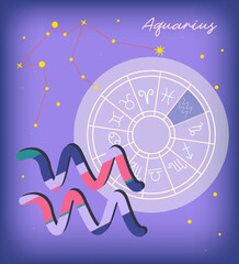 Futuristic Aquarius zodiac sign on light purple background. Glowing low polygonal design vector. Constellation of aquarius, calendar design.