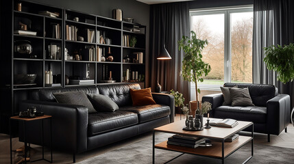 Przytulny czarny pokój salon z sofą zasłonami i oknem