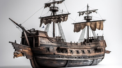 Abandoned wooden old pirate Ship. Isolated white background. Generative AI.