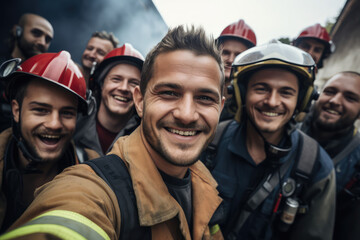 portrait of a group of smiling young firefighter