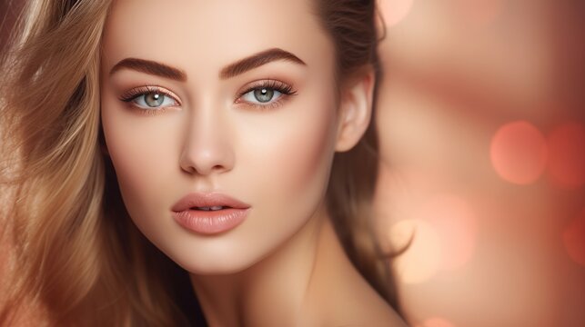 A close-up of the youthful, attractive girl's face with glowing skin. Stunning white woman's face with clear skin. generative ai