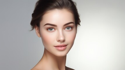 Fototapeta premium Wellness model beauty and skincare for face washing and makeup product. Isolated on a white background, a young woman with glowing skin from dermatology, a spa, and a facial with a studio backdrop