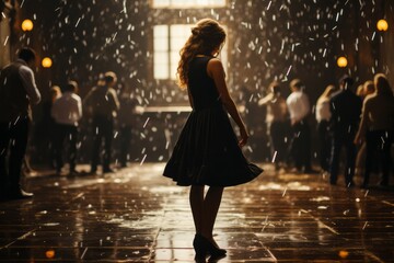 Back shot of a young woman wearing black dress alone at a crowded party.