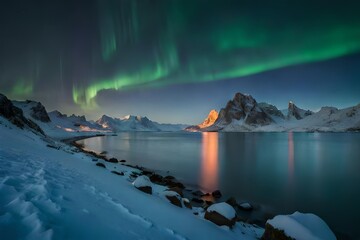 Naklejka premium Aurora borealis over the sea, snowy mountains and city lights at night. Northern lights in Lofoten islands,