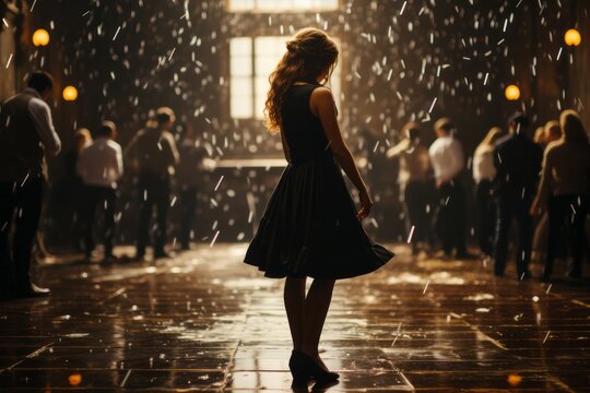 Back shot of a young woman wearing black dress alone at a crowded party.