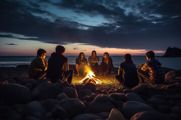 happy young people gathered around a campfire - obrazy, fototapety, plakaty