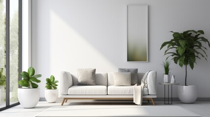Fototapeta na wymiar natural contemporary living room mockup template room ideas cosy comfort sofa with blank space wall backdrop cosy interior decorating house beautiful background