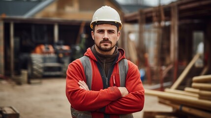 Fototapeta premium construction, face or man in city with arms crossed for building inspection, civil engineering or site planning. Portrait of a confident guy architect, contractor, or property manager