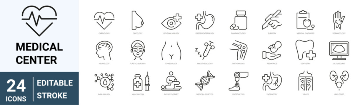 set of 24 line web icons healthcare and medicine, hospital services. Dermatology, gynecology, oncology, dentistry.. Collection of Outline Icons. Vector illustration.