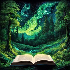 beautiful green forest comes out of a book with attractive light and details 