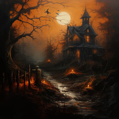 Fototapeta na wymiar Wooden Haunted house and full moon. Spooky Old Haunted house in spooky dark forest. Haunted house in the night forest. Moonlight. Witch's house. Mystical. Halloween scene. Halloween concept Vector art