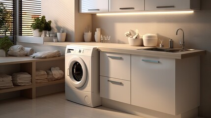 Modern washing machine inside contemporary kitchen.