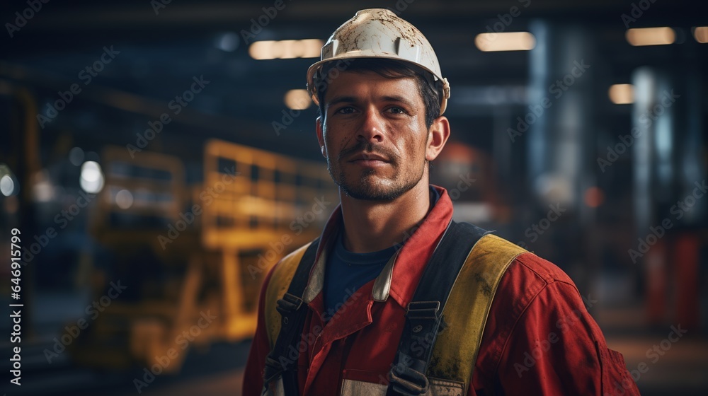 Wall mural In a factory, young man, engineering or construction industry professional wears a uniform.
