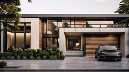 black modern house exterior, wood, luxury house, generative ai