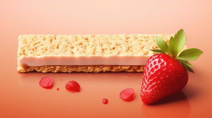 Healthy Strawberry protein muesli bar with yougurt glaze. Isolated on flat beige background with copy space. 3d render illustration style.