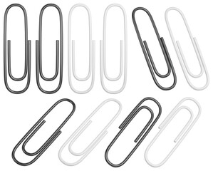 Realistic metal paper clips set in different positions. Isolated black and white clips. 3D rendering.