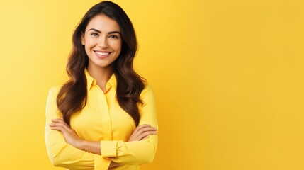 Confident young woman standing with her arms crossed on yellow background - obrazy, fototapety, plakaty
