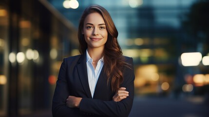 Business woman looking at camera on outdoor background. generative ai