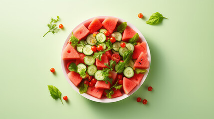 Top view of Healthy fresh Watermelon salad with cucumber in round plate. Isolated on flat light color background with copy space.