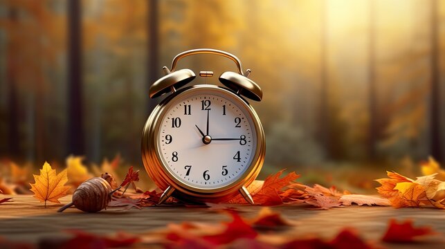 Concept, daylight saving time. Sommer time, winter time, changeover, switch of time. Sommer or winter time. Clock as a timer for celebrations. Autumnal forest and leaves.
