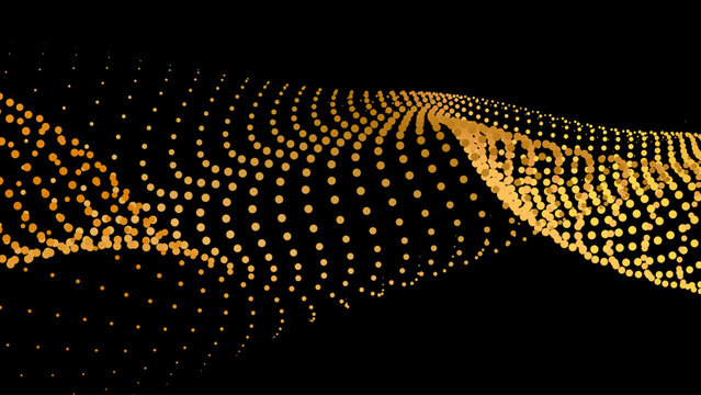 Data vibrate pulse dot particle wave. Abstract bulge hyperbola sinusoid. Infinity transition gradation 3d waveform background. Black gold.