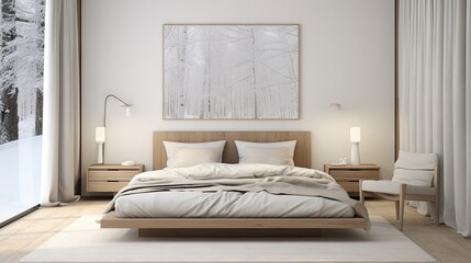 Minimalist bedroom with wooden floor, decor on wall, window with curtains, and white landscape. Nordic home interior. 3D illustration.