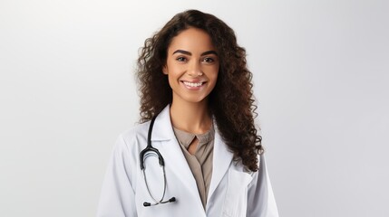 Woman doctor looking at camera isolated on white studio background. generative ai