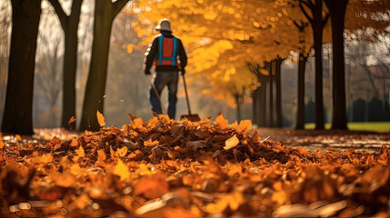 Street sweeper and mountain of leaves in a park in autumn