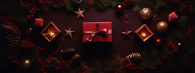 Charismas background on dark red color with small gift boxes and charismas decoration with plants and candles and lighting on isolated background. Generative AI. 