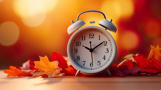 Concept, daylight saving time. Sommer time, winter time, changeover, switch of time. Sommer or winter time. Clock as a timer for celebrations. Autumnal forest and leaves.