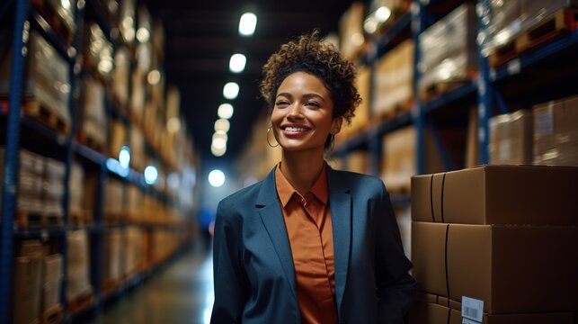 In a vast distribution warehouse, a lady stands reviewing inventory.