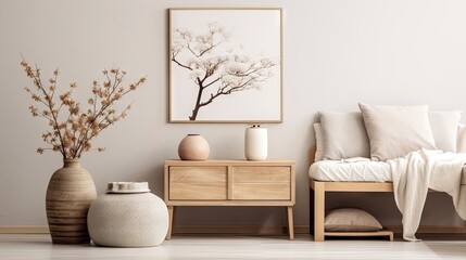 Modern home staging with beige japndi concept, showcasing a stylish rattan pouf, wooden commode, ladder, tea pot, mock up poster frame, flowers, and elegant accessories.