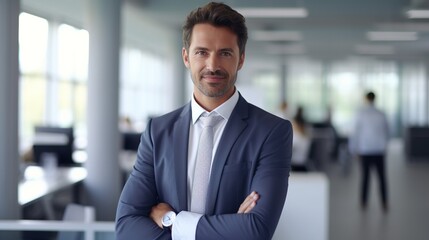 Fototapeta premium leader in business smiles and looks into the camera while standing in his office. Male corporate executive manager CEO posing for a professional portrait while with his arms folded. generative ai