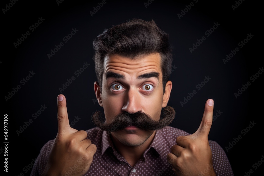 Poster portrait of a man with a mustache on a black background.