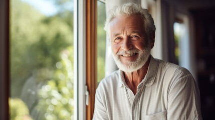 portrait of a happy elderly man look camera at home - obrazy, fototapety, plakaty
