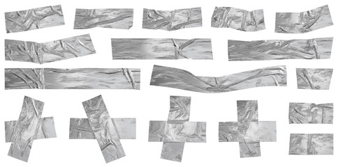 Wrinkled silver foil adhesive sticky tape. Isolated scotch pieces set.