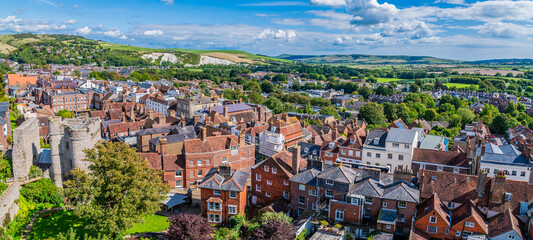 A panorama view east over the High Street from the ramparts of the castle keep in Lewes, Sussex, UK in summertime © Nicola