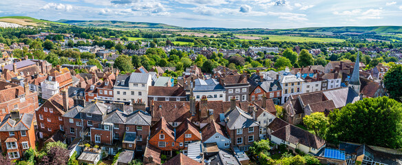 A panorama view across the High Street from the ramparts of the castle keep in Lewes, Sussex, UK in...