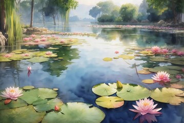 Beautiful watercolor landscape of pink lotus flowers growing on large green leaves in a lake with vegetation around and mountains in the background